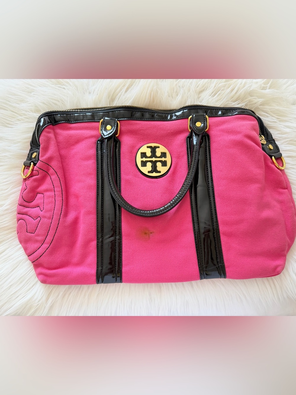 Tory Burch Hot Pink Canvas Tote with Black Patent Trim